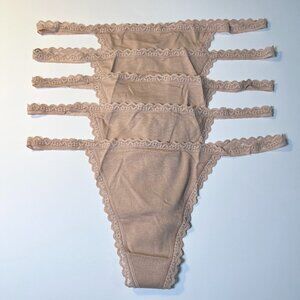 Victoria Secret XL Thong V-String Lace Trim Cotton Panties Beige Lot of 5